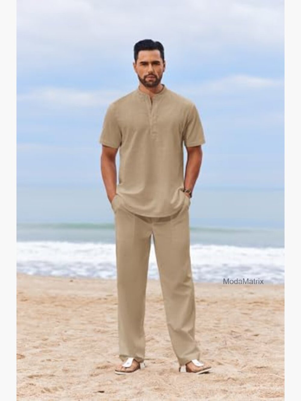 Men's 2 Piece Cotton Henley Short Sleeve Shirt and Pants Set Summer Outfit - Picture 2 of 7
